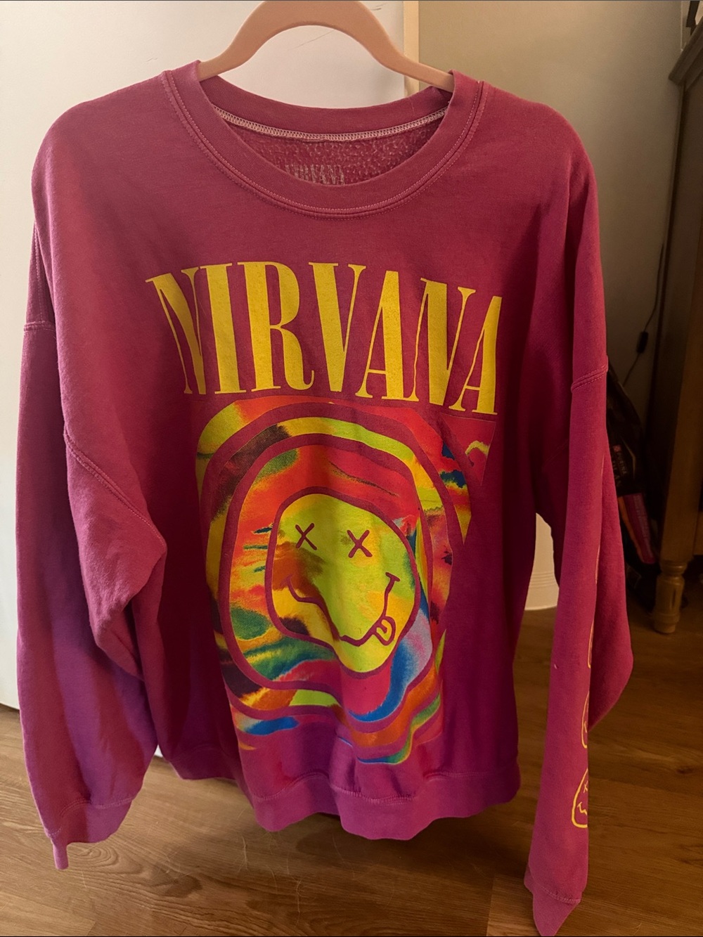 Urban Outfitters Burgundy Nirvana Crewneck with Multicolor Smiley Graphic